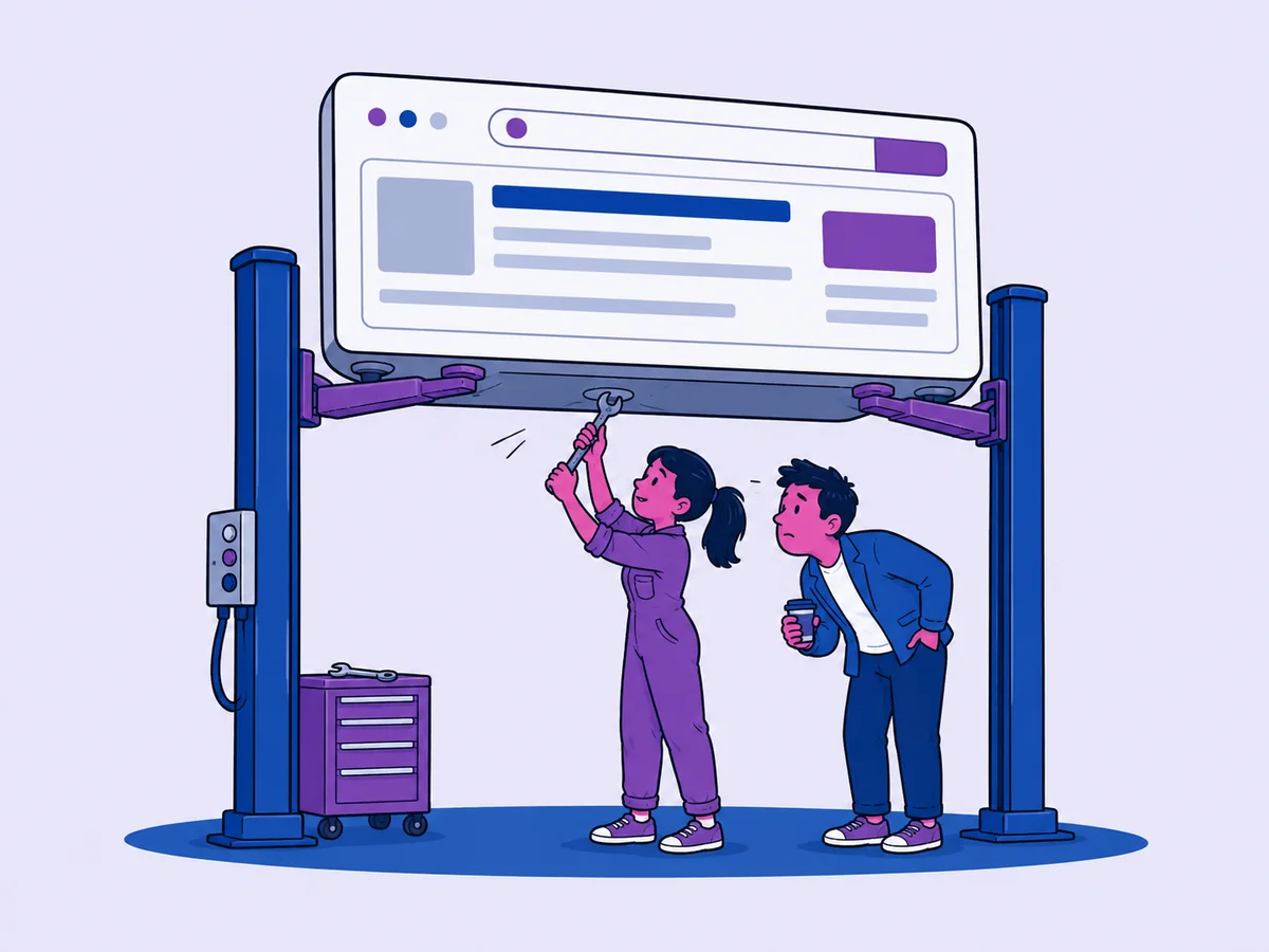 Illustrazione: una meccanica ripara un sito web sollevato sul ponte come un'auto, metafora del lavoro di un'agenzia SEO