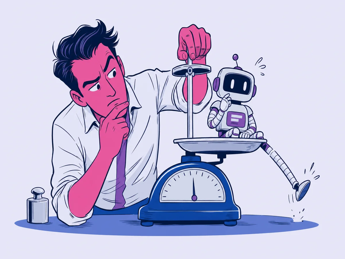 Illustrazione per "AI Act spiegato alle PMI": un titolare d'azienda pesa un piccolo robot da scrivania su una bilancia da mercato, mentre il robot allunga di nascosto un piede sul piatto per sembrare più leggero.