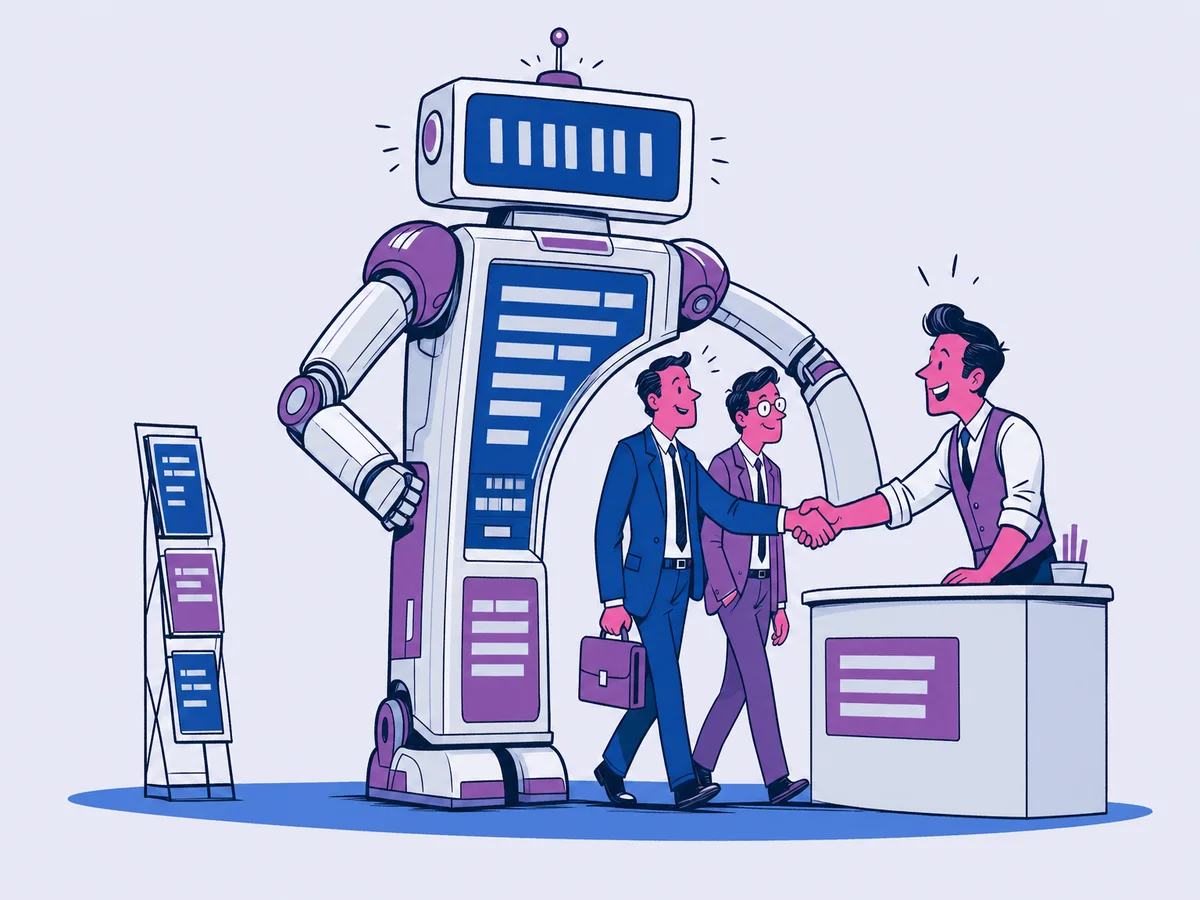 Illustrazione per "AI Overviews di Google: come cambia la SEO B2B nel 2026": in fiera, un robot alto come una vetrina si pianta davanti allo stand e ne copre l'insegna a barre astratte.