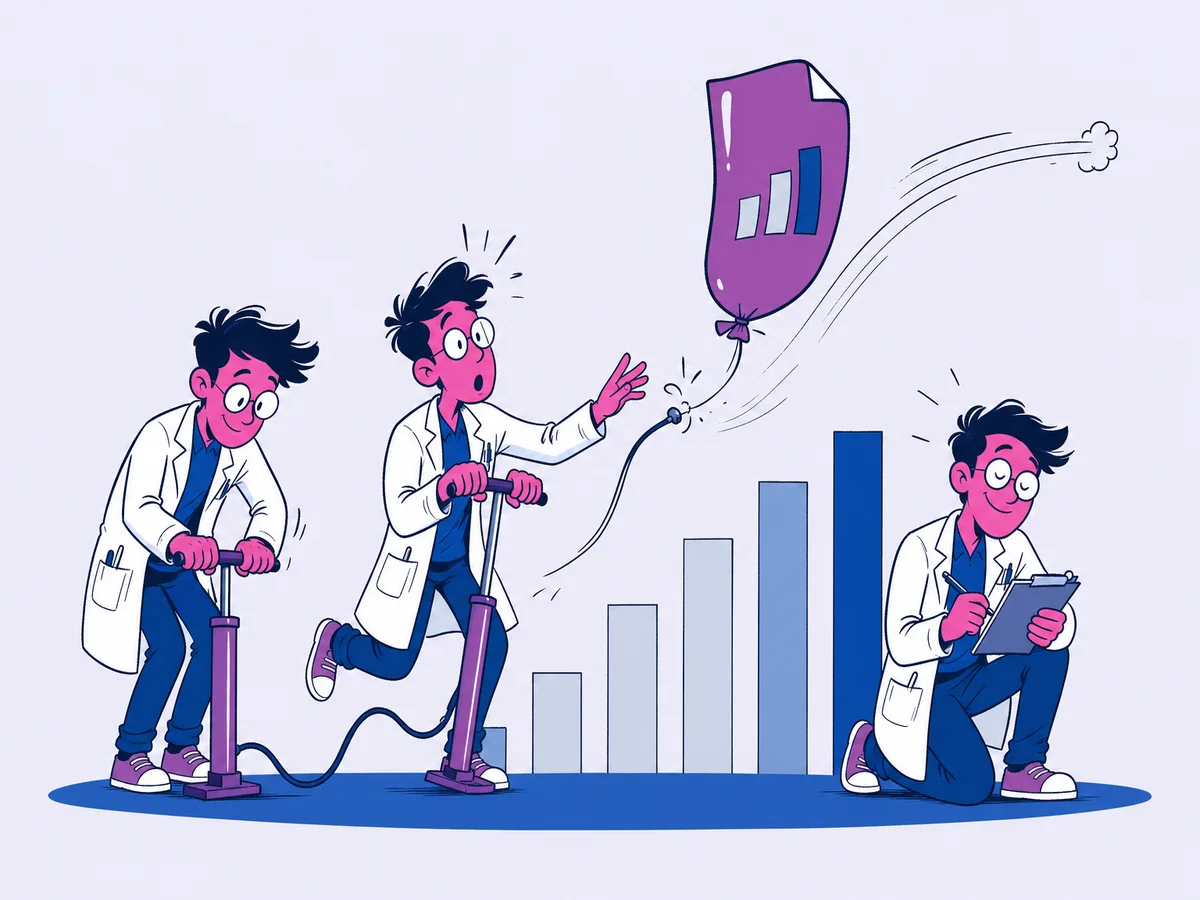 Illustrazione per "Aumentare il PageRank: Tecniche e Strategie per Ottimizzare il Posizionamento del tuo Sito Web": uno scienziato in camice gonfia con una pompa da bicicletta un palloncino a forma di foglio, che si solleva lentamente lungo una colonna di barre astratte.