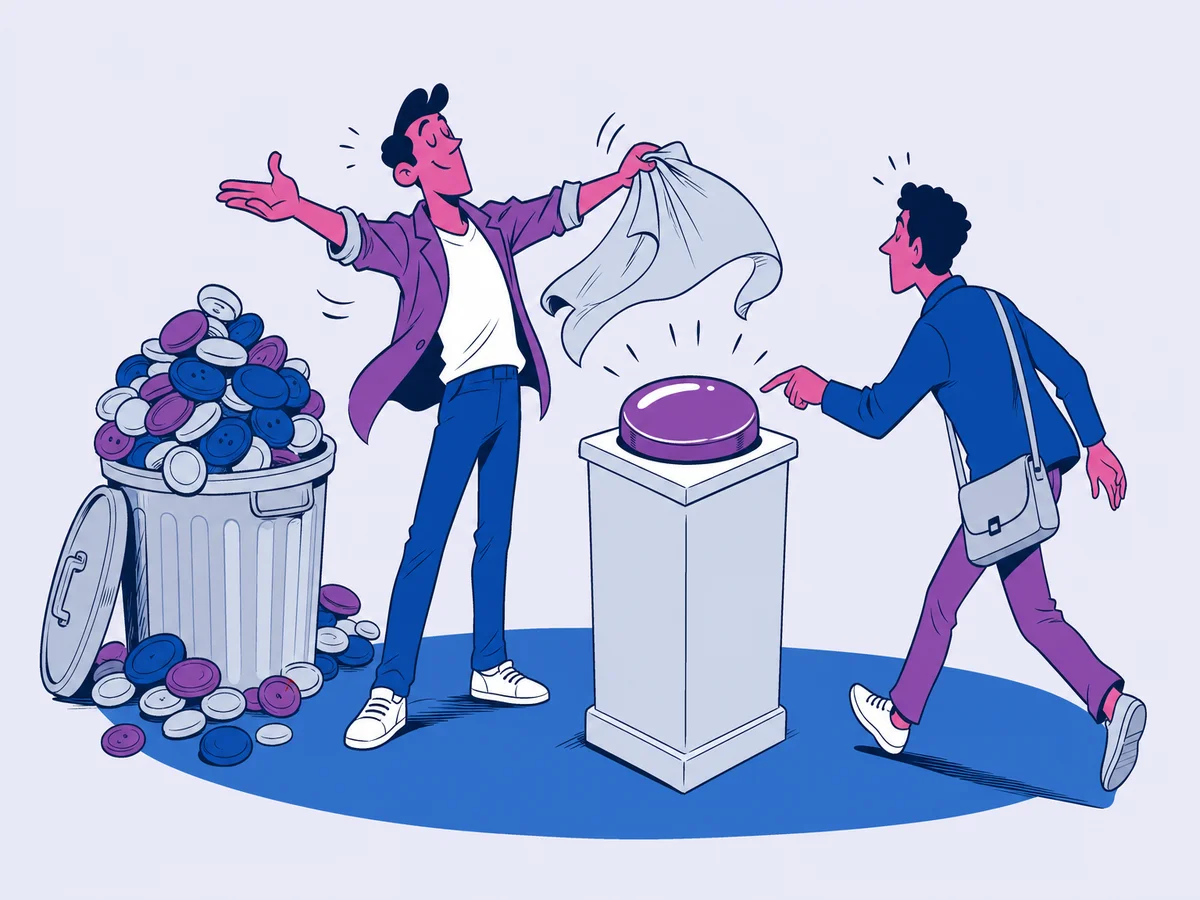 Illustrazione per "Call to action efficaci: esempi ed errori da evitare": un designer scopre con un gesto teatrale un unico grosso pulsante lucido su un piedistallo al centro della scena, mentre alle sue spalle una montagnetta di pulsantini opachi trabocca da un bidone.