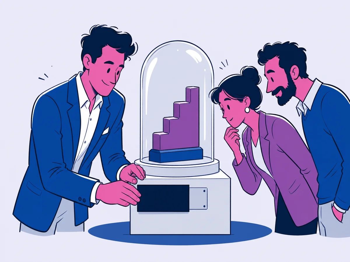 Illustrazione per "Case study B2B: raccontare i risultati dei clienti": un consulente in giacca sistema sotto una teca da museo un piccolo trofeo a forma di scalino ascendente, posato su un piedistallo al centro.