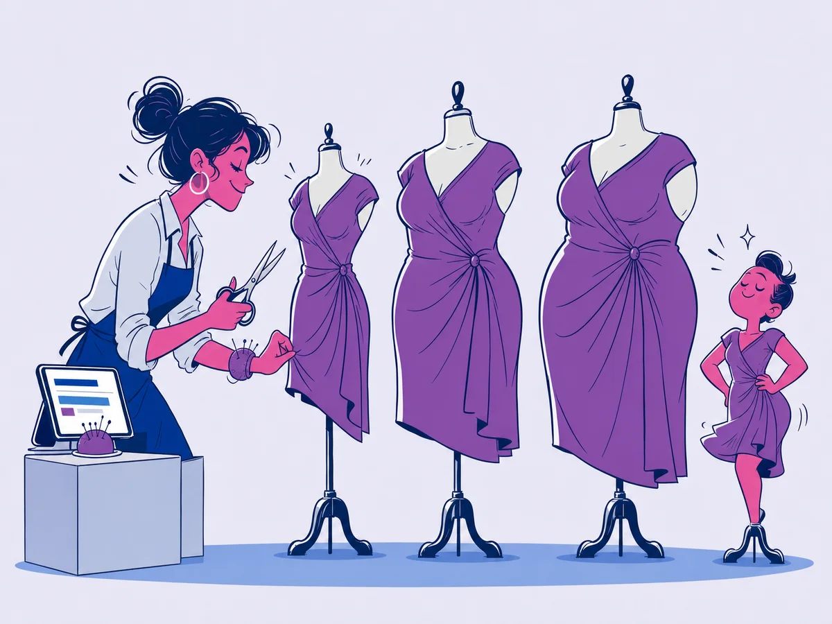Illustrazione per "Cenni sul responsive web design": una sarta con le forbici in mano rifinisce lo stesso abito su tre manichini di taglie diverse, e ogni volta cade a pennello.