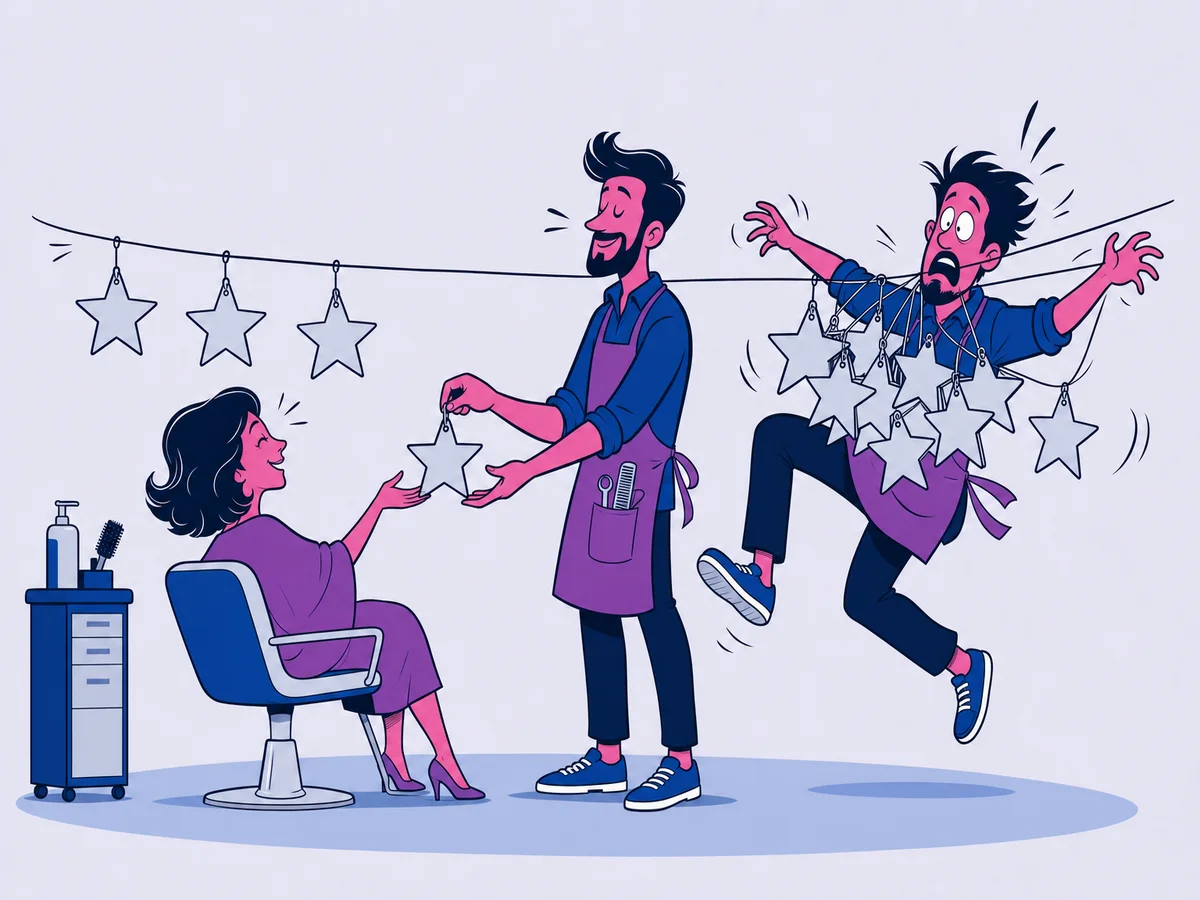 Illustrazione per "Recensioni Google: come chiederle senza forzare": un parrucchiere, finito il taglio, porge alla cliente soddisfatta una stellina di cartone da appendere a un filo teso in vetrina, dove ne pendono già tre ben distanziate.