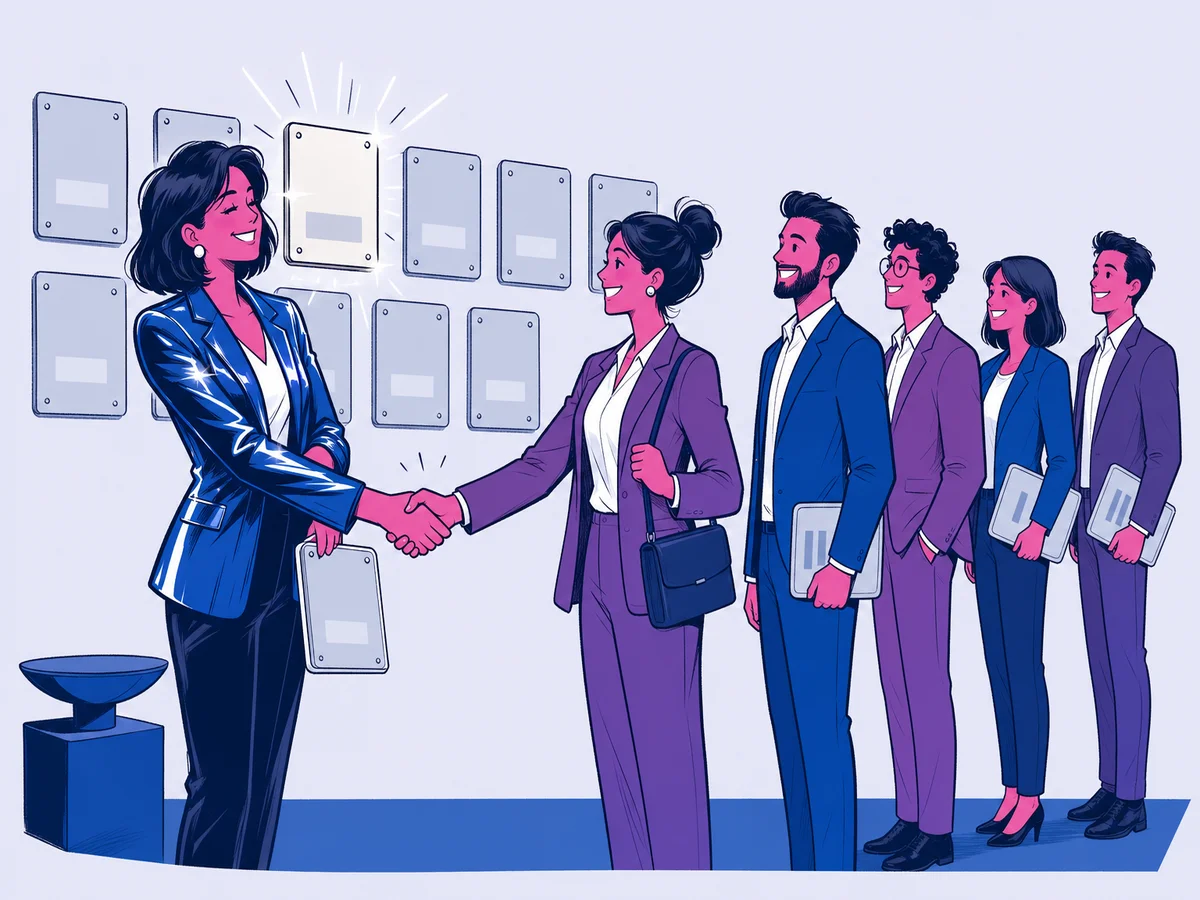 Illustrazione per "Come creare una pagina Aziendale LinkedIn di Successo": una titolare in giacca che lucida con una pezza la targa della propria azienda su una parete di targhe tutte uguali e opache, e la sua comincia a brillare.