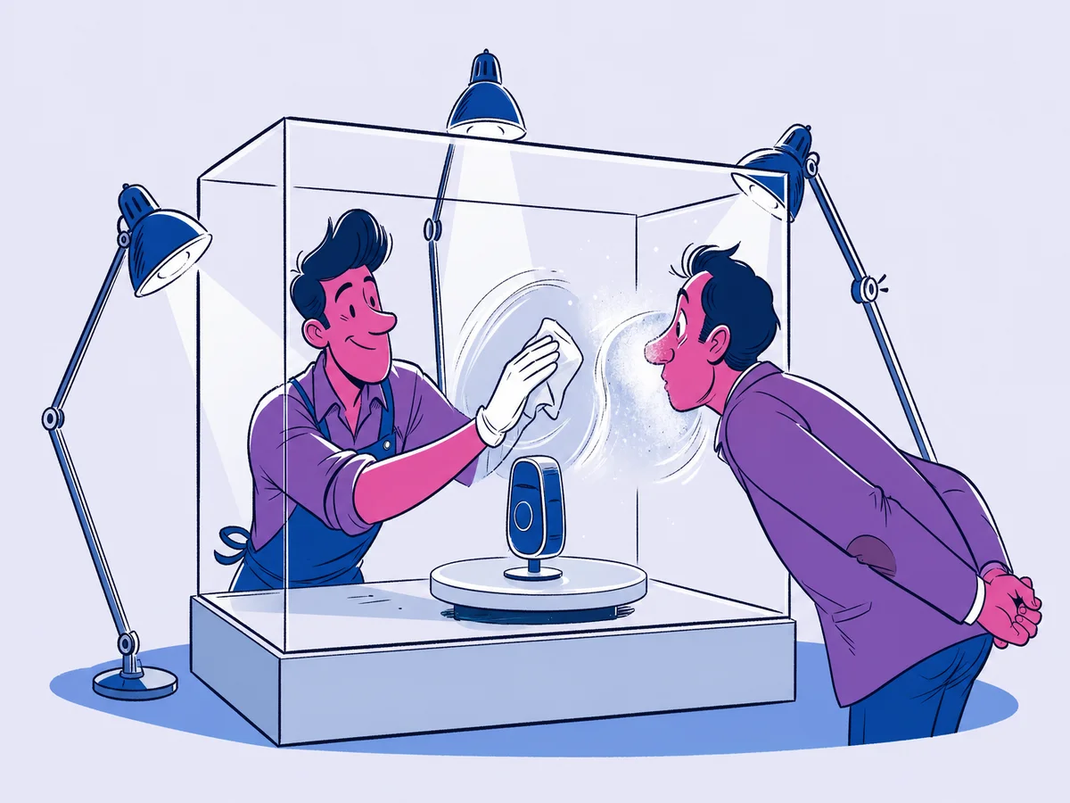 Illustrazione per "Come creare una scheda prodotto ecommerce efficace e performante": un vetrinista sistema un unico oggetto su un piedistallo girevole e lo illumina da tre lati con una lampada snodabile.