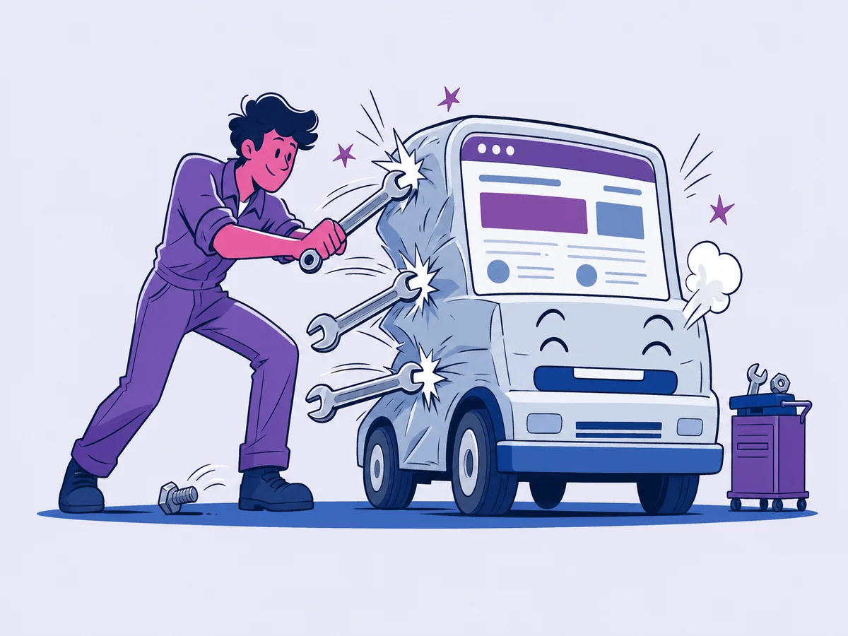 Illustrazione per "Come migliorare un sito web in poche e semplici mosse": un meccanico dà tre colpetti mirati con la chiave inglese a una macchina-sito tutta ammaccata, che si raddrizza di scatto e sbuffa uno sbuffo di sollievo.