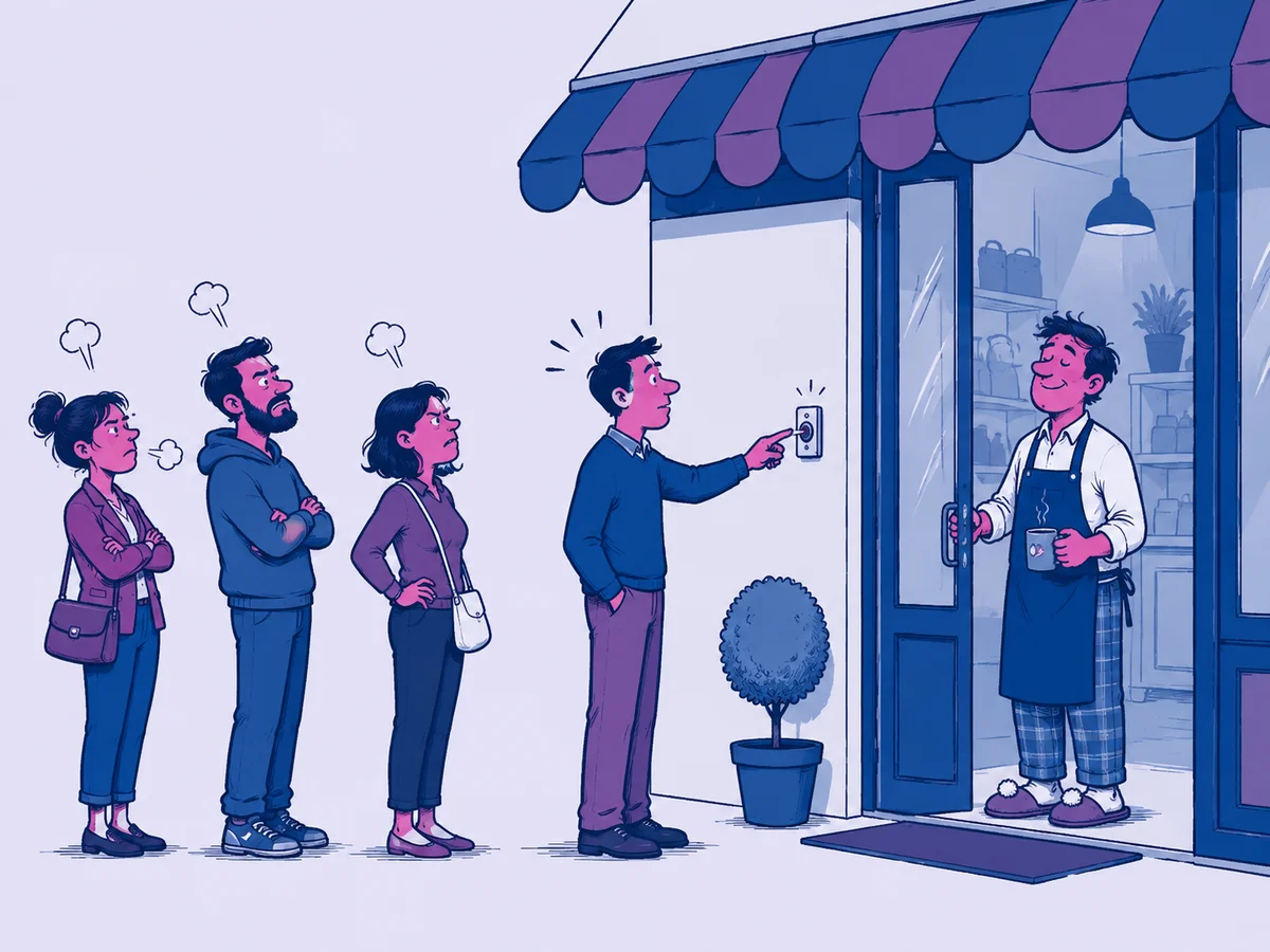 Illustrazione: cliente che preme il campanello di un negozio mentre il commesso in pantofole arriva con calma e la coda sbuffa, metafora dell'INP nei Core Web Vitals