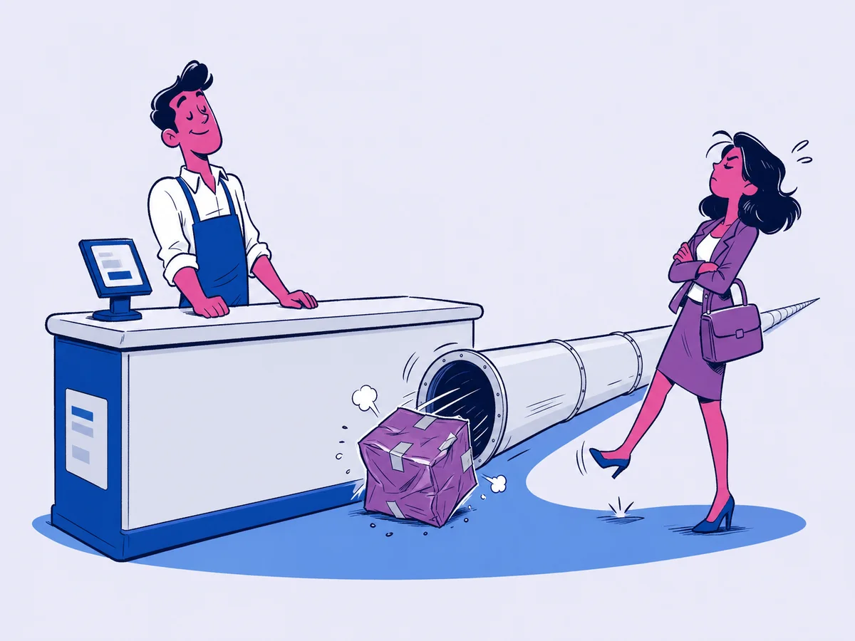 Illustrazione per "Dropshipping: come funziona e conviene davvero alle PMI": un venditore sorride dietro un banco completamente vuoto mentre da un tubo lunghissimo, che sparisce oltre l'orizzonte, sbuca finalmente un pacco ammaccato.