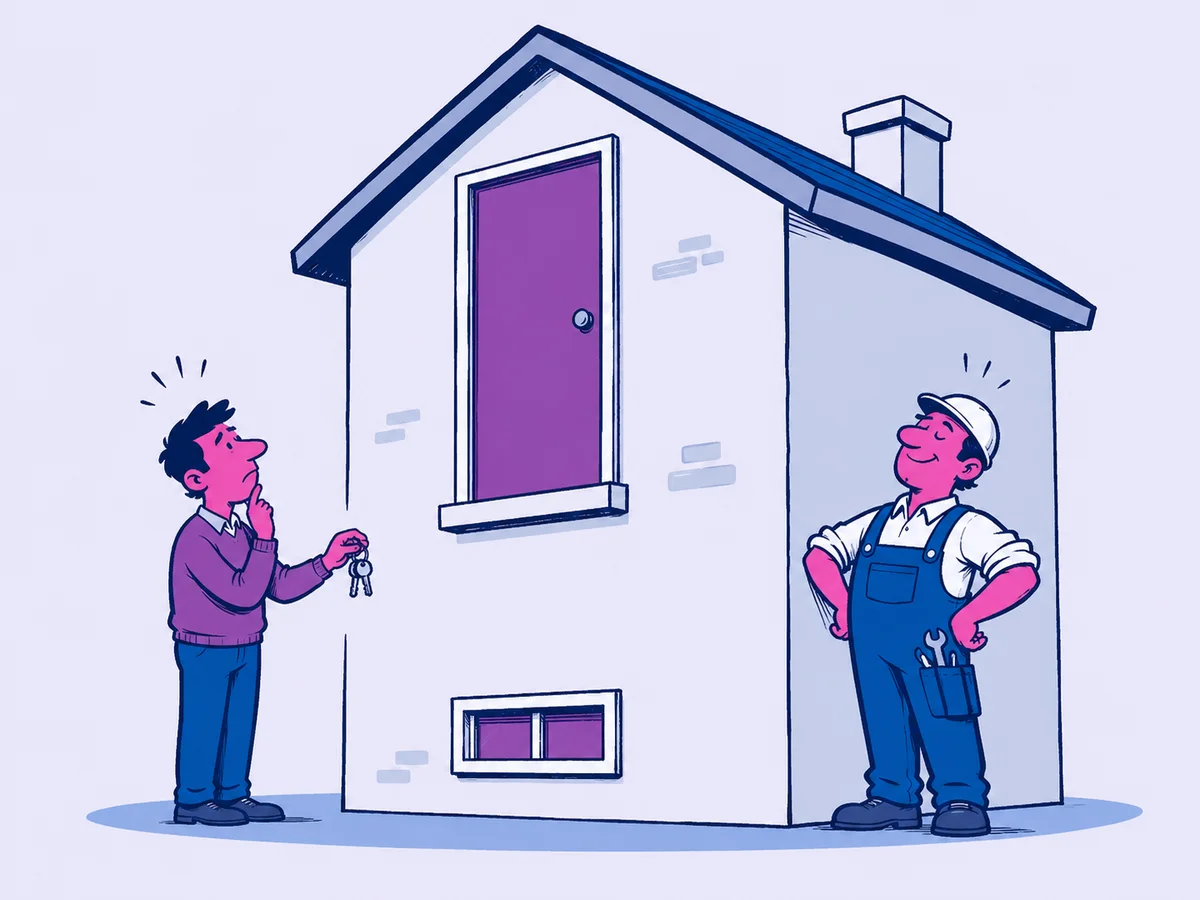 Illustrazione: casa nuova con la porta a due metri d'altezza e committente con le chiavi in mano, metafora degli errori da non commettere su un sito web