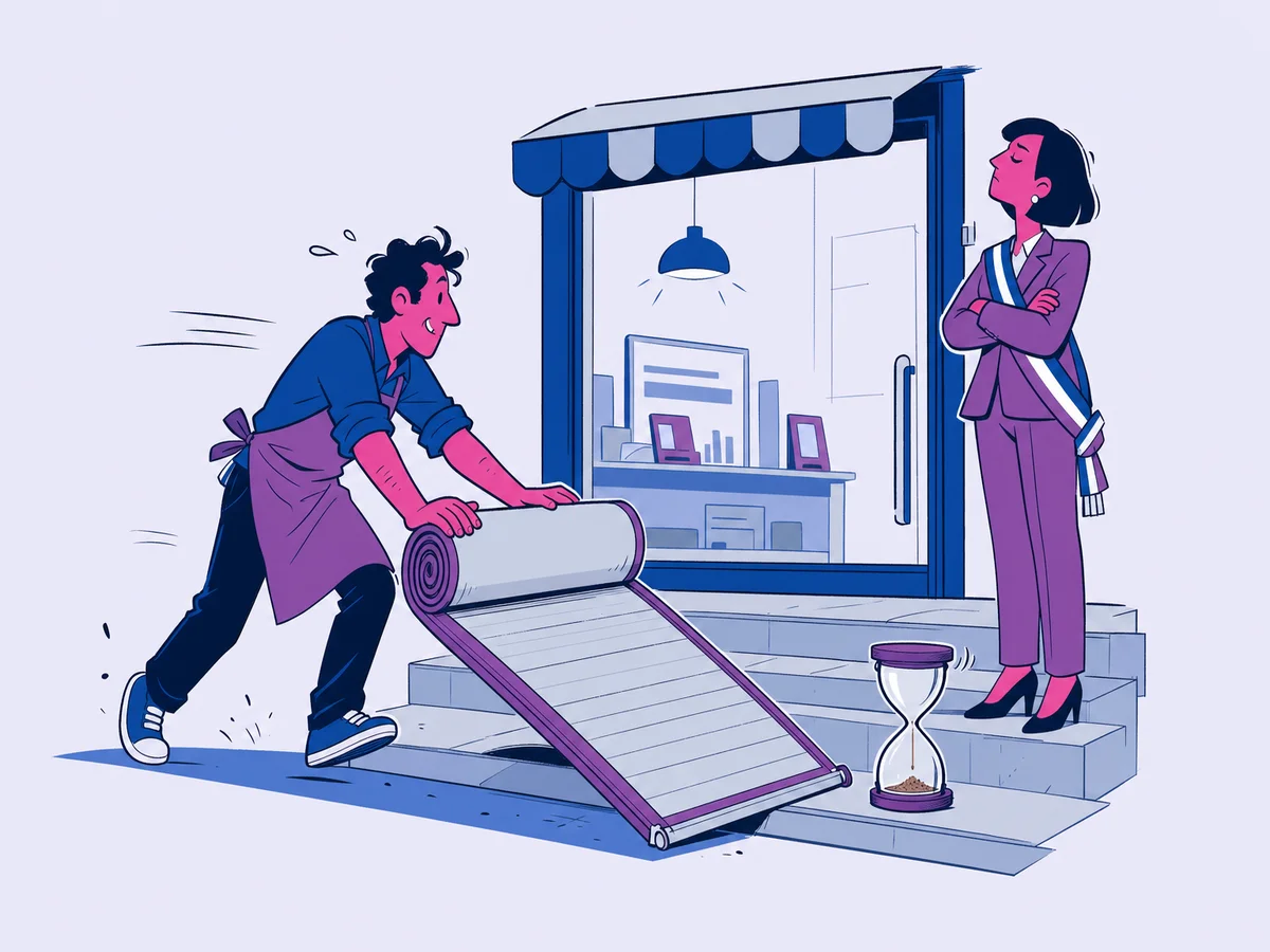 Illustrazione per "European Accessibility Act 2025: cosa devono fare le aziende sui siti web": un negoziante srotola di corsa una rampa sopra la scalinata davanti alla vetrina, mentre una funzionaria con la fascia aspetta a braccia conserte.