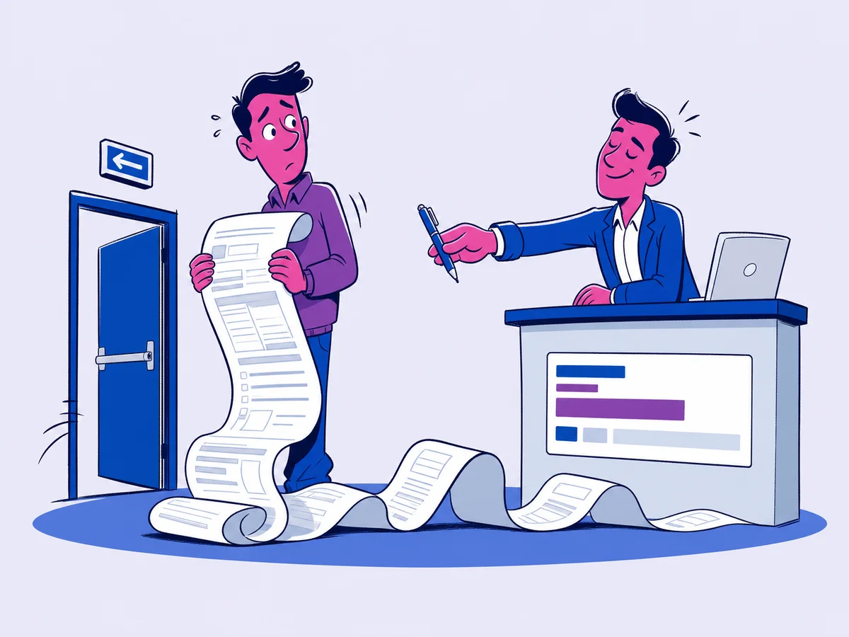 Illustrazione per "Form contatti che convertono: 7 errori che uccidono i lead nel 2026": un potenziale cliente in piedi regge un modulo che si srotola come una pergamena fino a coprirgli le scarpe.