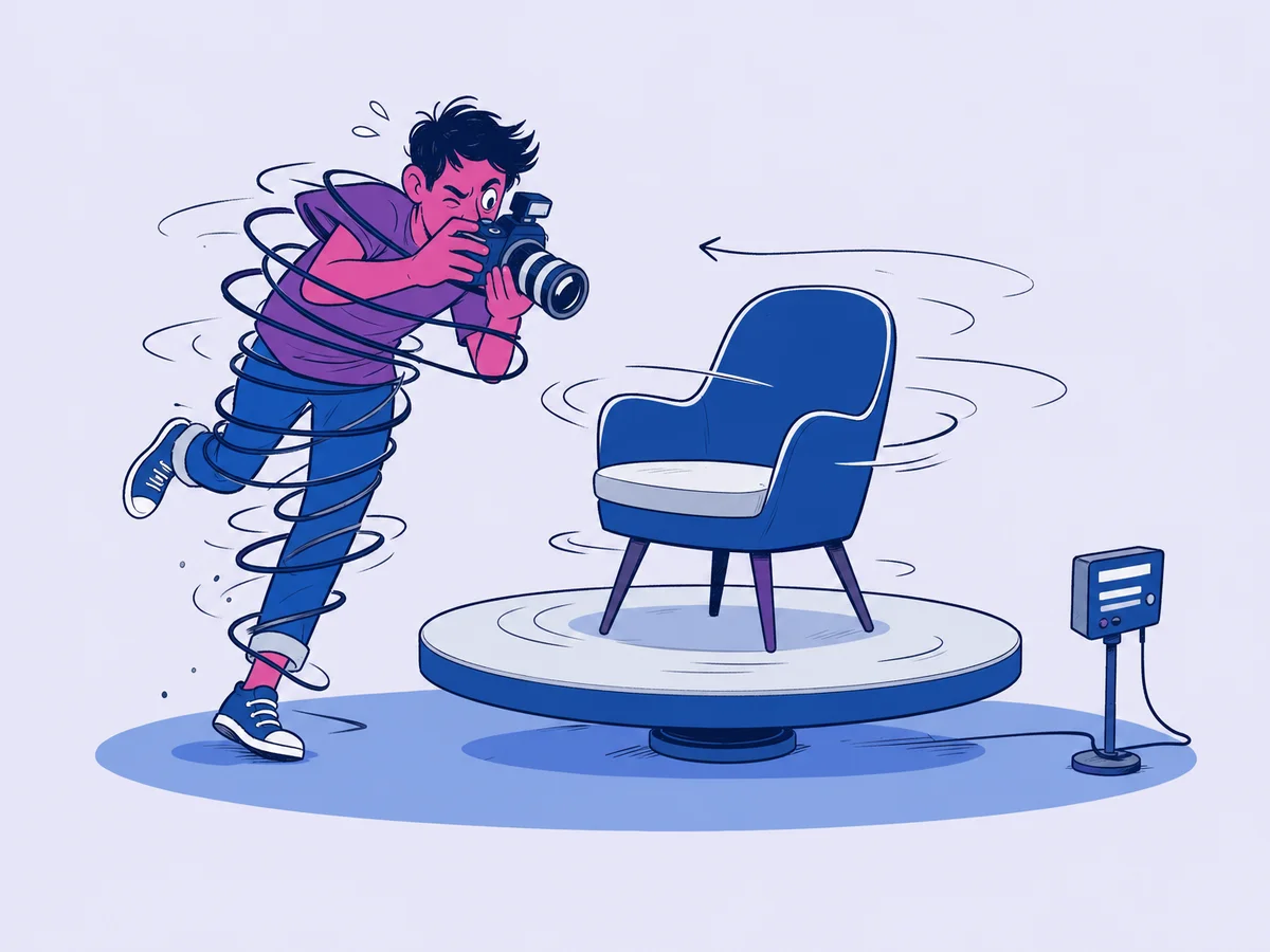 Illustrazione per "Fotografia a 360 gradi: tecnica e utilizzo": fotografo che gira in tondo attorno a una poltroncina montata su piattaforma rotante, avvolgendosi nel cavo della fotocamera come una trottola.