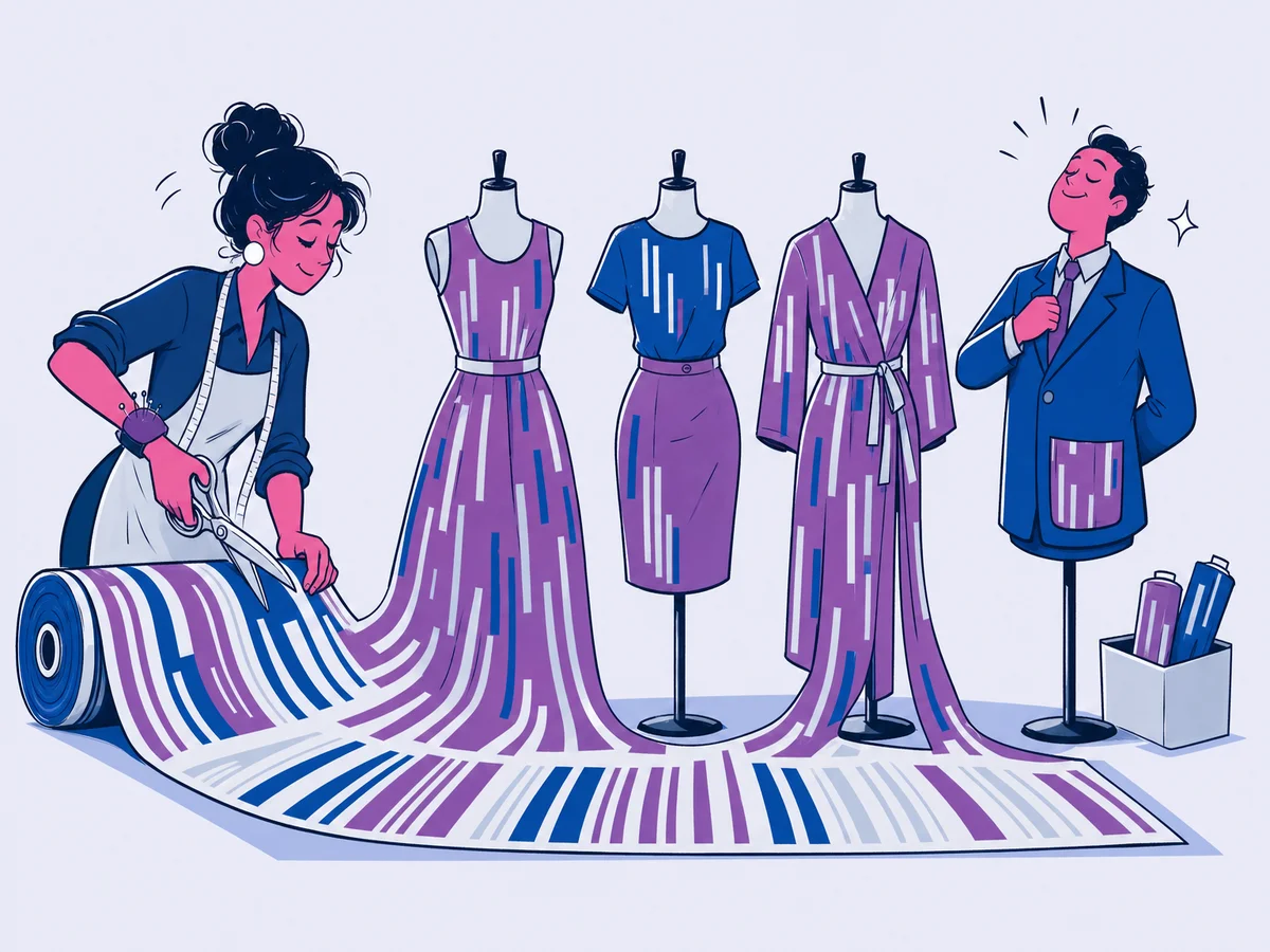 Illustrazione per "GA4 + Looker Studio: dashboard reali per il marketing B2B nel 2026": una sarta ritaglia da un unico rotolo di stoffa a barre astratte quattro abiti diversi, uno per ogni manichino allineato davanti a lei.