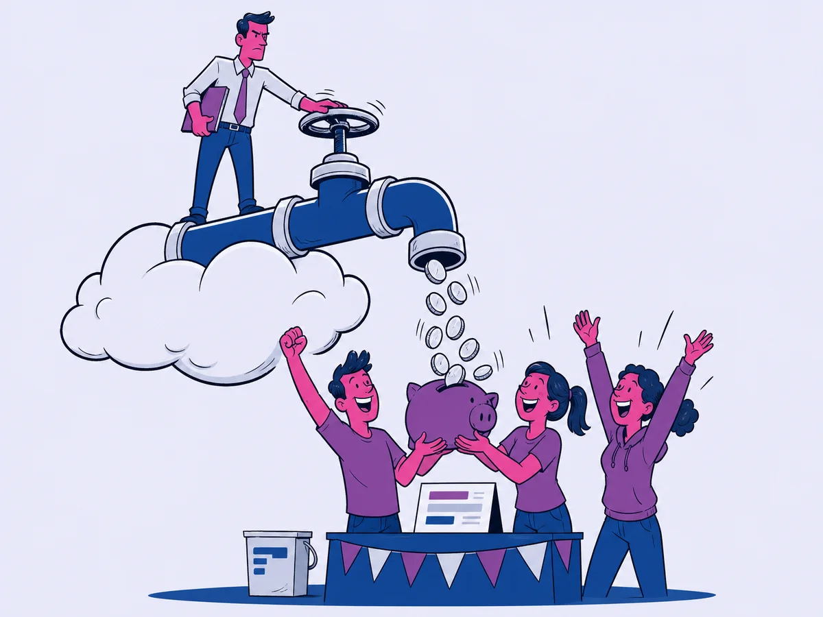 Illustrazione per "Google Ad Grants: cos'è, come funziona e come ottenerlo": un rubinetto gigante montato su una nuvola versa un flusso di monete nel salvadanaio di tre volontari festanti davanti al banchetto della loro piccola associazione.