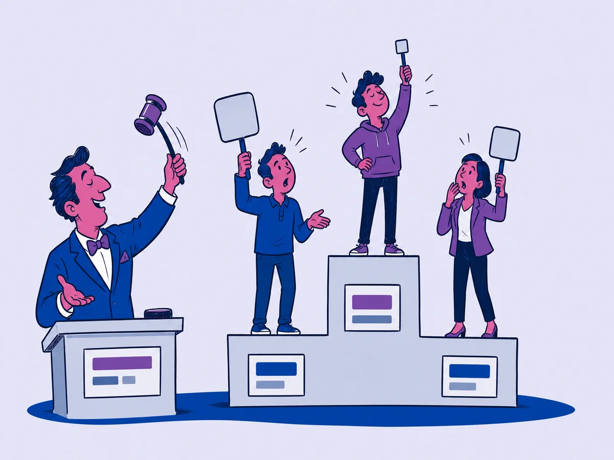 Illustrazione per "Google Ads: cos'è e come funziona": un banditore d'asta con il martelletto assegna i gradini di un podio a tre offerenti che alzano paletta.