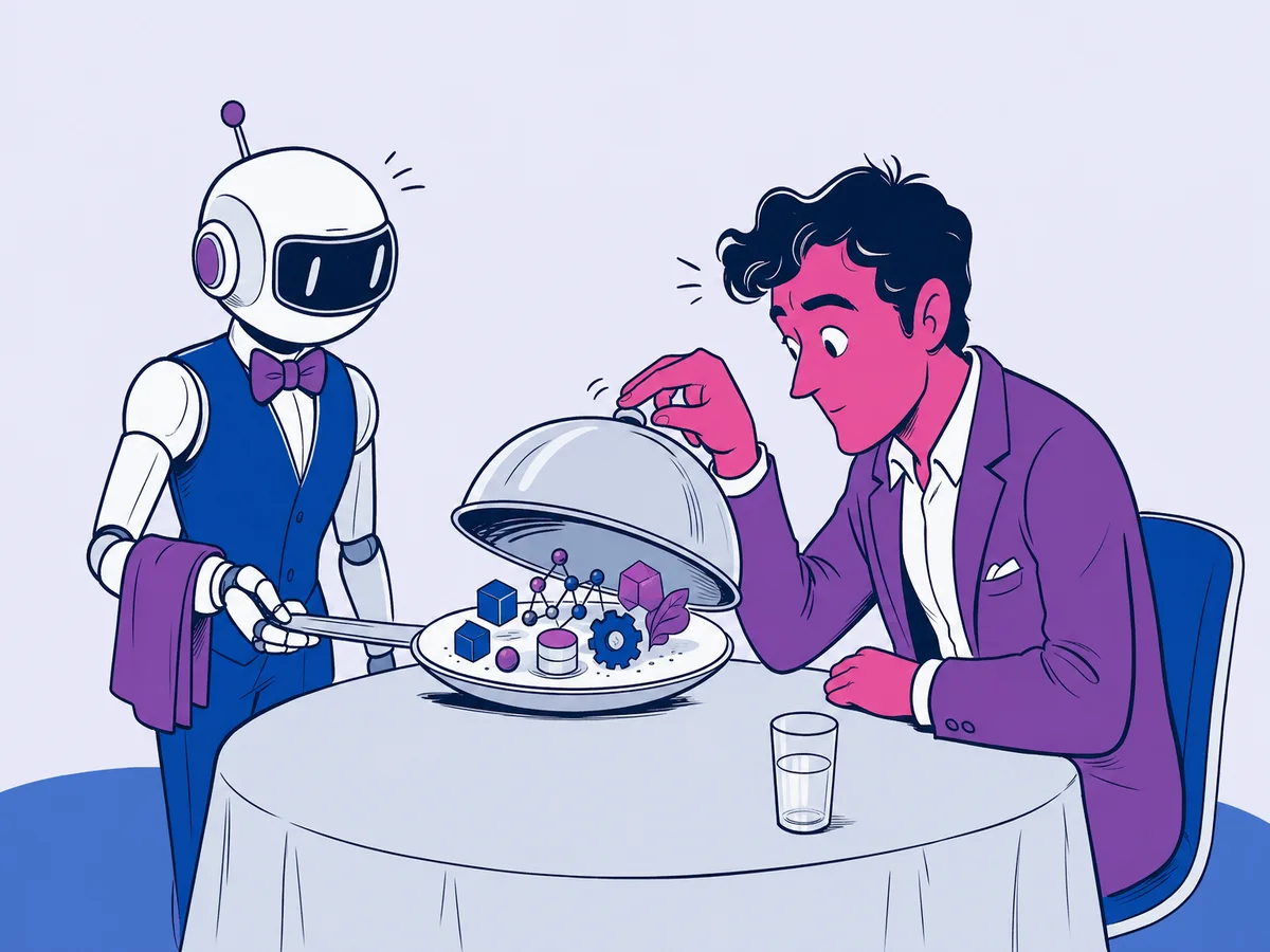 Illustrazione per "Google AI Mode: cos'è e come cambia le ricerche nel 2026": al posto del buffet di vassoi, un cameriere robot serve a tavola un unico piatto sotto cloche già impiattato.