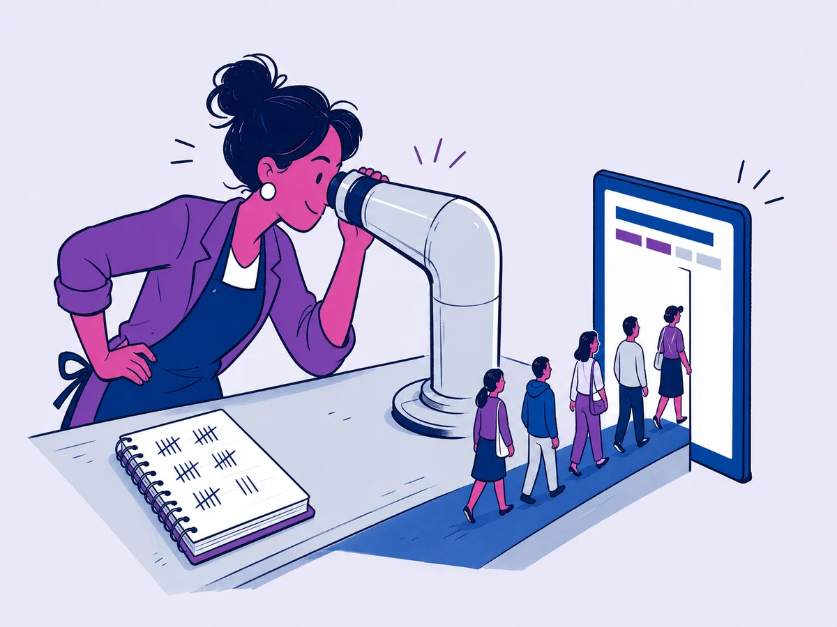 Illustrazione per "Google Analytics 4: cos'è e come si usa": una titolare di negozio guarda attraverso un grande periscopio che spunta dal bancone e osserva una fila di clienti in miniatura che entrano da una porta a forma di schermo.