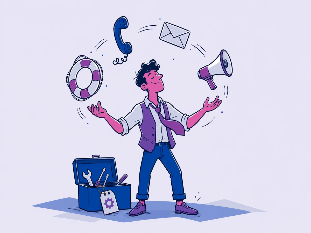 Illustrazione per "HubSpot: cos'è e a cosa serve": un giocoliere in ufficio tiene in aria quattro attrezzi diversi: una cornetta del telefono, una busta da lettera, un megafono e un salvagente.