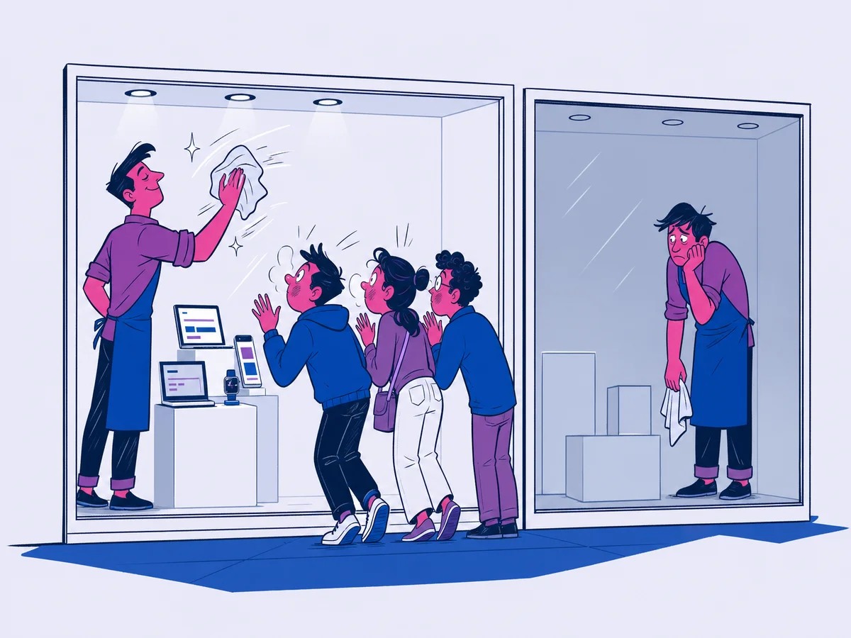 Illustrazione per "Il potere del web design efficace: come un sito accattivante può aumentare il tuo business": un vetrinista dà l'ultima passata di straccio alla vetrina e tre passanti restano incollati al vetro col naso schiacciato.