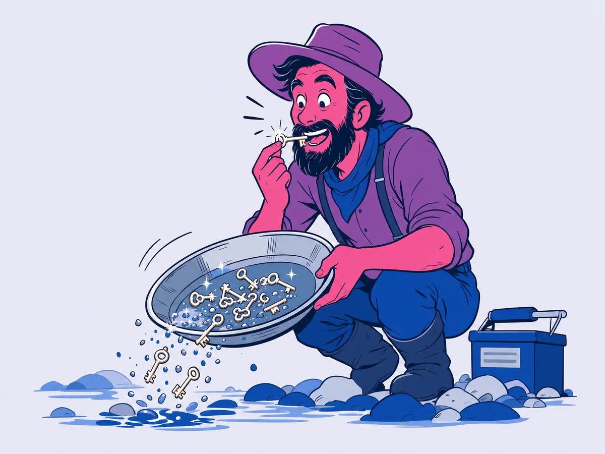 Illustrazione per "Keyword research per PMI B2B: la guida pratica": un cercatore d'oro accovacciato sul greto scuote il setaccio e tira su piccole chiavi luccicanti al posto delle pepite.
