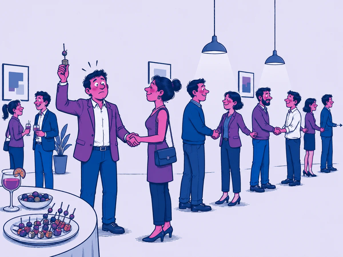 Illustrazione: catena di strette di mano che attraversa la sala a un aperitivo di networking, metafora di che cos'è LinkedIn