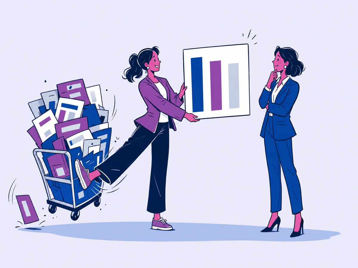 Illustrazione per "Looker Studio: come creare il tuo primo report utile": un'analista porge alla titolare un unico pannello pulito con tre grandi barre astratte, dopo aver spinto via col piede un carrello traboccante di riquadri colorati inutili.