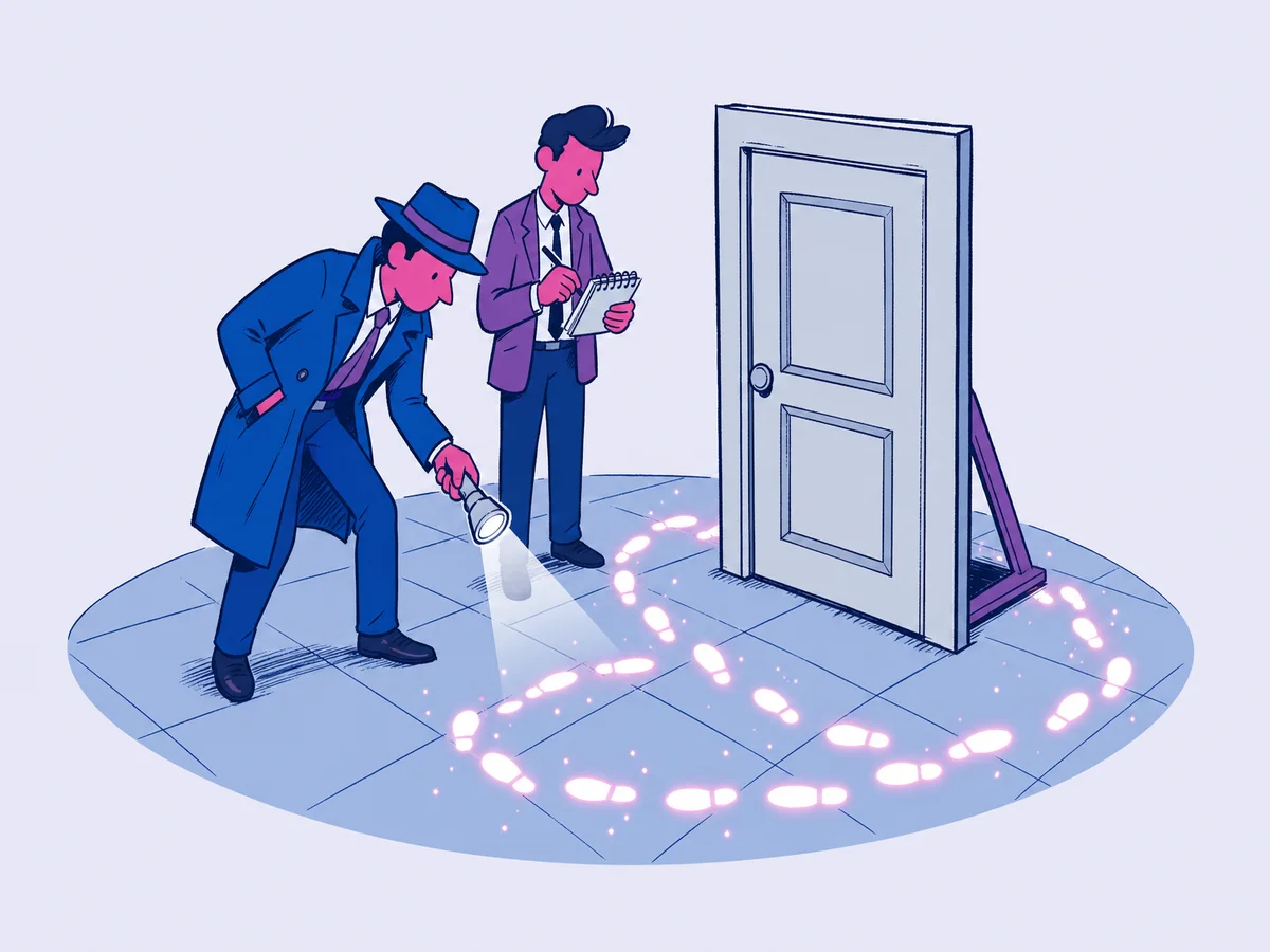 Illustrazione per "Microsoft Clarity: heatmap e registrazioni accanto a GA4": detective che punta una lampada sul pavimento a piastrelle di una pagina e rivela una scia di impronte incandescenti che gira in tondo davanti a una porta finta.