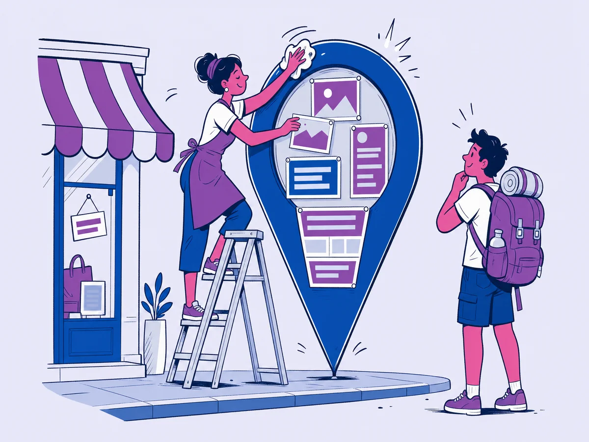 Illustrazione per "Google Business Profile: guida all'ottimizzazione": una bottegaia in equilibrio su una scaletta lucida un enorme segnaposto da mappa piantato sul marciapiede davanti al suo negozio, sistemandoci dentro foto e orari come in una bacheca a barre astratte.