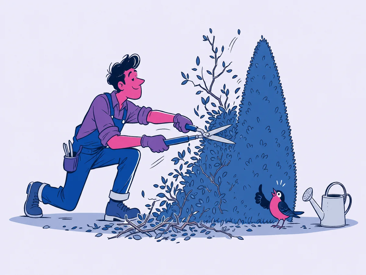 Illustrazione per "Parliamo di ottimizzazione siti web": un giardiniere pota con cesoie precise una siepe informe finché non prende una sagoma slanciata e ordinata.