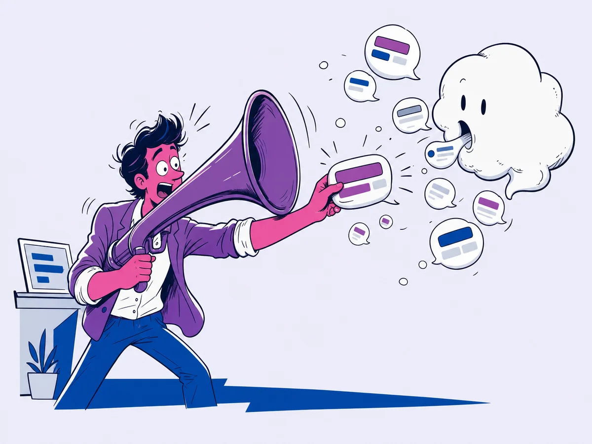Illustrazione per "Perplexity AI: come funziona e perché monitorarlo": un titolare punta un enorme cornetto acustico verso una nuvola parlante da cui escono bollicine piene di barrette astratte.