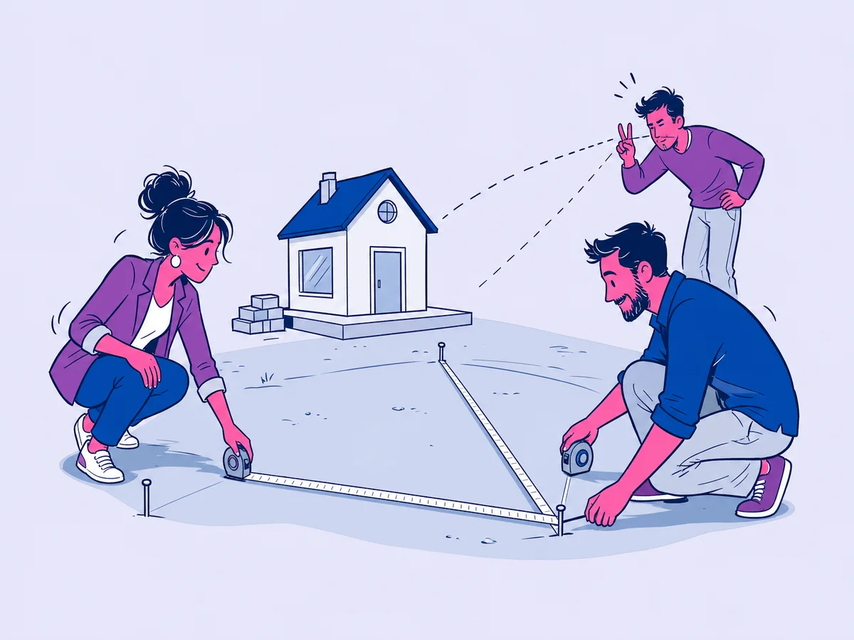 Illustrazione per "Come ottenere un preventivo sito web accurato": una titolare e un consulente srotolano insieme un metro a nastro in due direzioni sul terreno dove sorgerà la casetta-sito.
