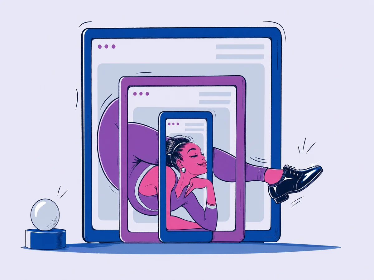Illustrazione per "Realizzazione Siti Web Responsive: vantaggi e caratteristiche": un'acrobata elastica si infila con la stessa posa impeccabile dentro tre cornici di dimensioni molto diverse, una dietro l'altra.
