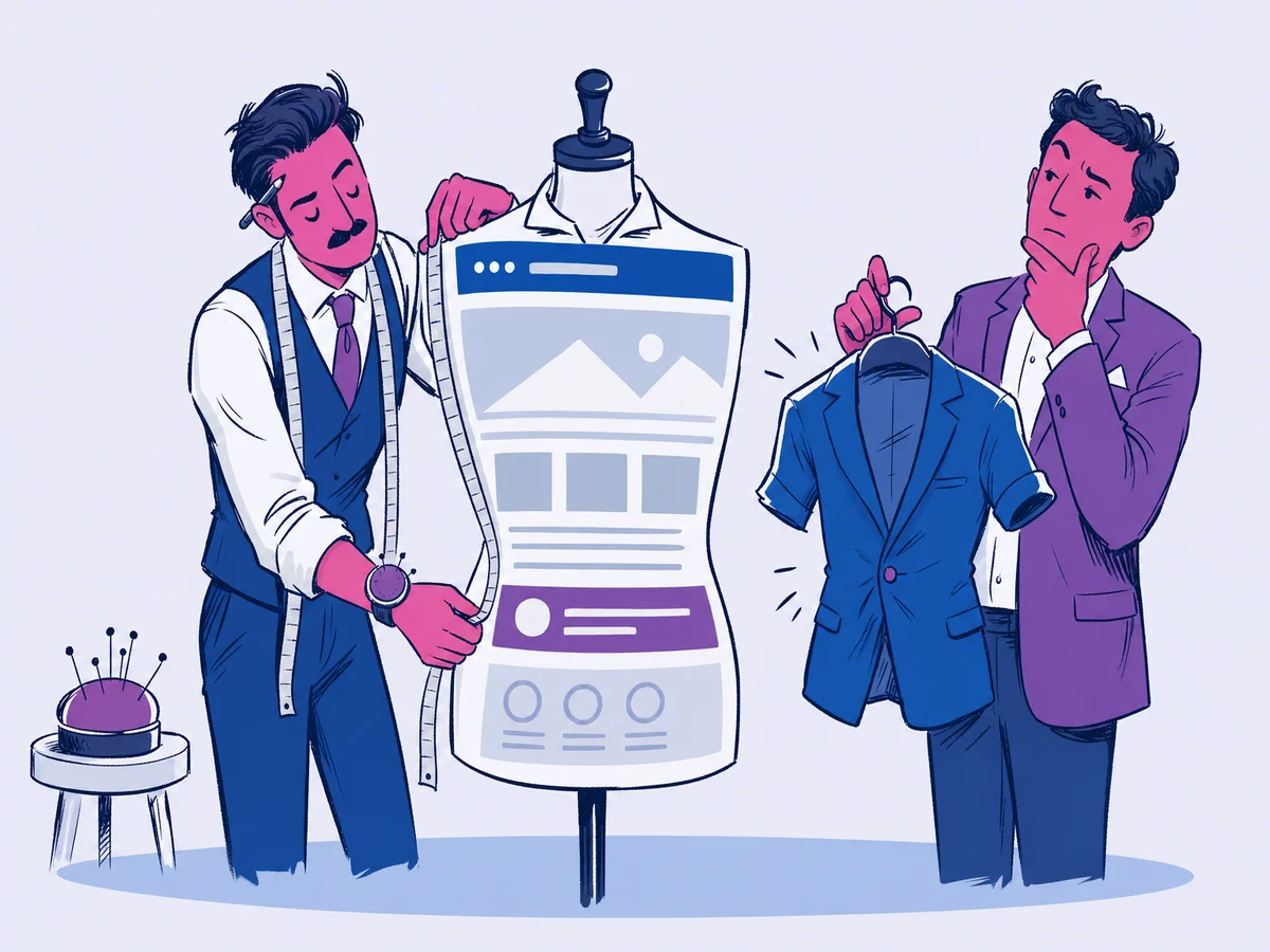 Illustrazione per "Realizzazione Siti Web Aziendali: crea il tuo sito di successo": un sarto col metro al collo prende le misure a un manichino vestito da facciata di sito web, in piedi al centro della scena.