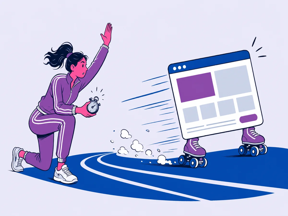 Illustrazione per "Realizzazione sito web veloce, quali sono le caratteristiche?": una sviluppatrice in tuta da corsa da' il via a un sito montato su pattini a rotelle che schizza lungo una pista blu lasciando due linee di velocita'.