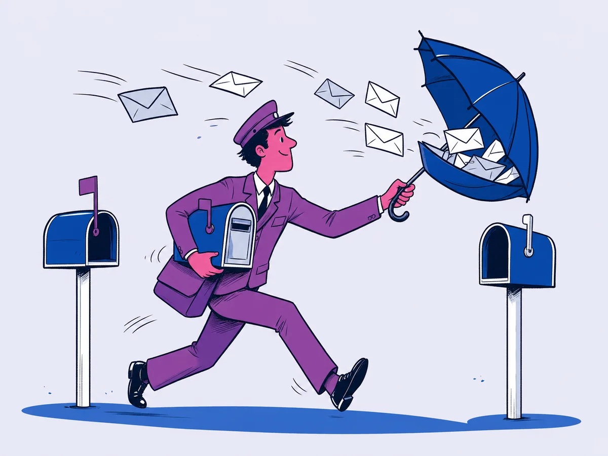 Illustrazione per "Record Mx: come migrarlo in modo efficiente": postino che sposta una cassetta della posta da un palo all'altro tenendola sottobraccio, mentre le lettere continuano ad arrivare in volo all'altezza del viso.