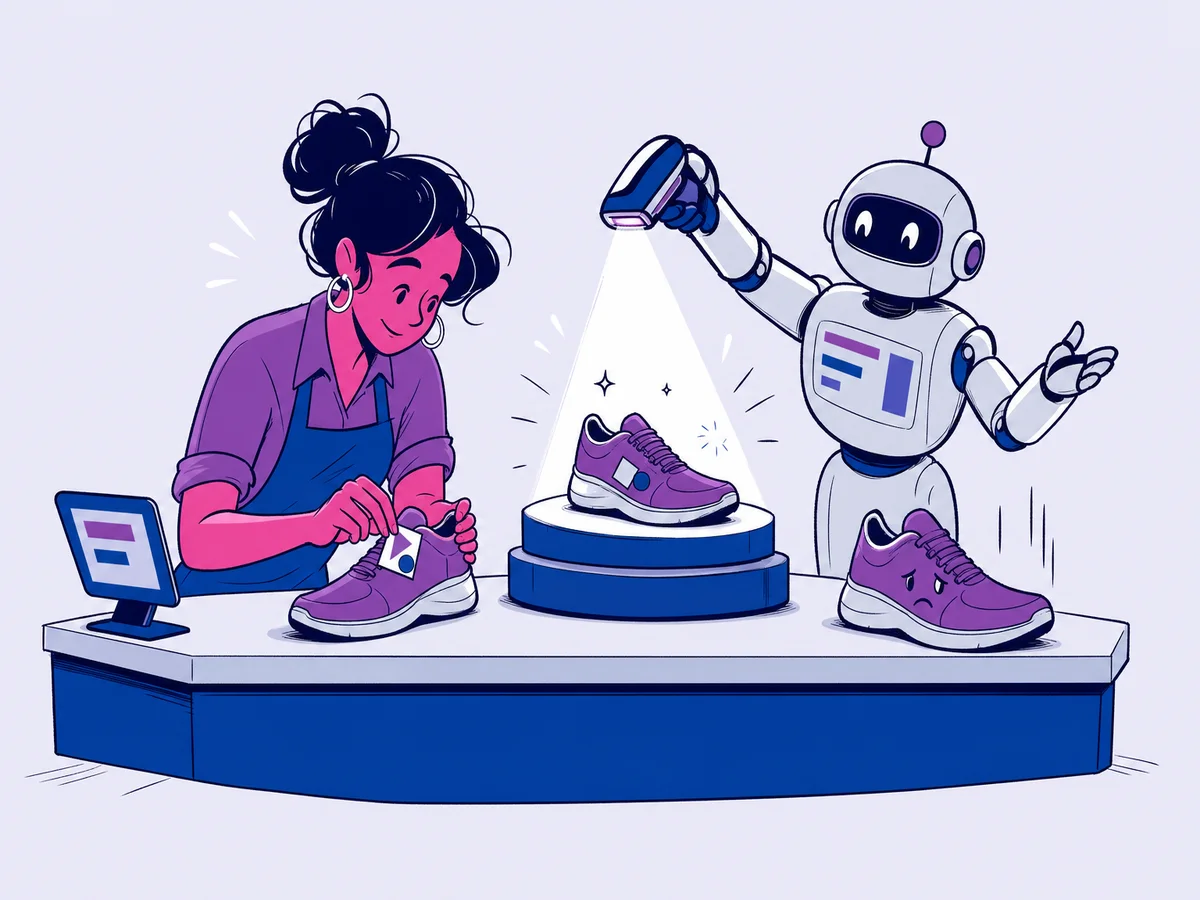 Illustrazione per "Schema markup per ecommerce: prodotti, recensioni, FAQ che fanno la differenza": una commessa incolla su una scarpa una piccola etichetta fatta di forme geometriche e subito un robot dietro il bancone la riconosce e la solleva su un piedistallo illuminato.