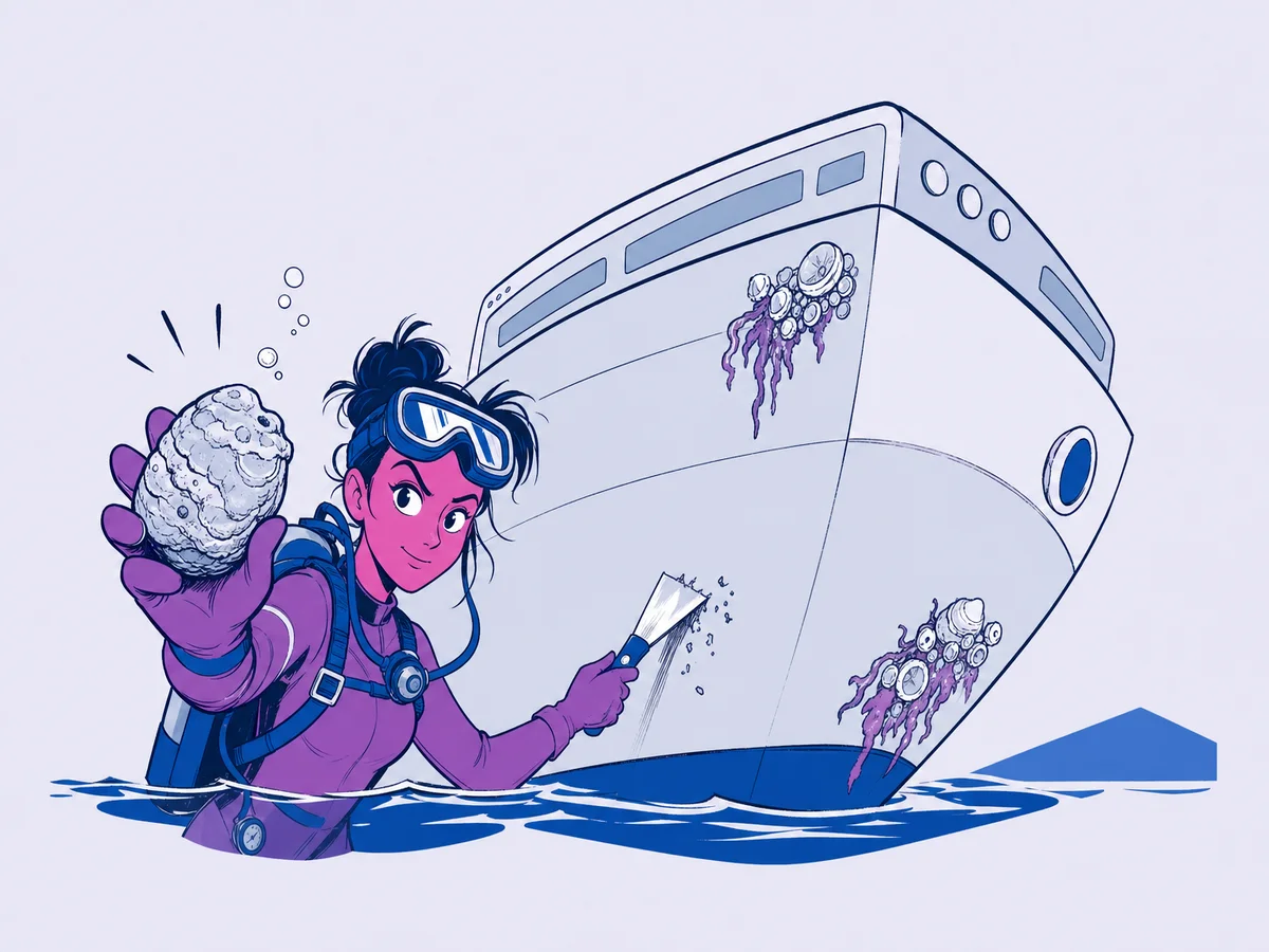 Illustrazione per "Seo Audit: guida completa per realizzarlo": una sommozzatrice appesa a mezz'acqua raschia lo scafo di una nave-sito coperto di alghe e conchiglie incrostate.
