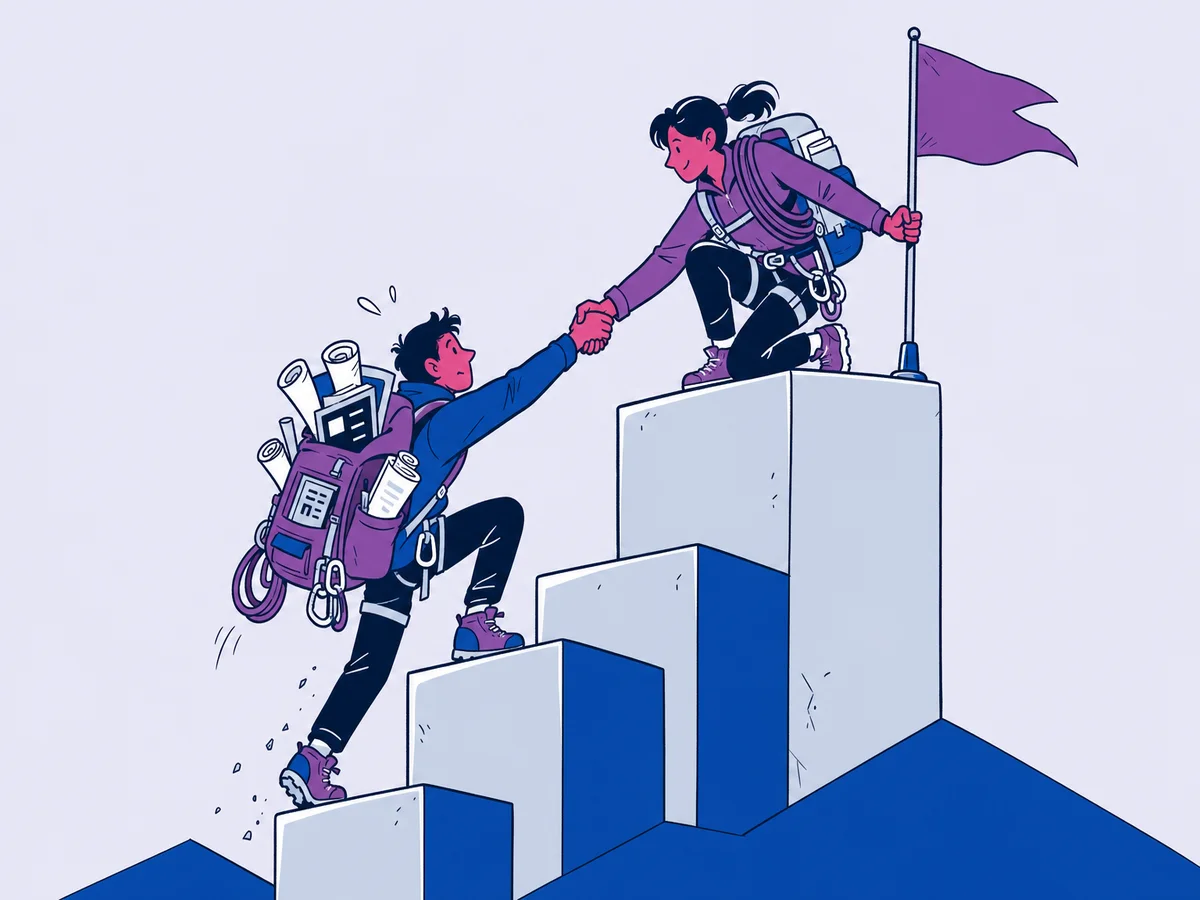 Illustrazione per "Posizionamento SEO: la guida completa per portare il tuo sito in prima pagina su Google": un'alpinista pianta la bandierina sul gradino più alto di una scalinata di podi che si perde verso il basso, e si sporge a dare la mano al compagno rimasto un gradino sotto.