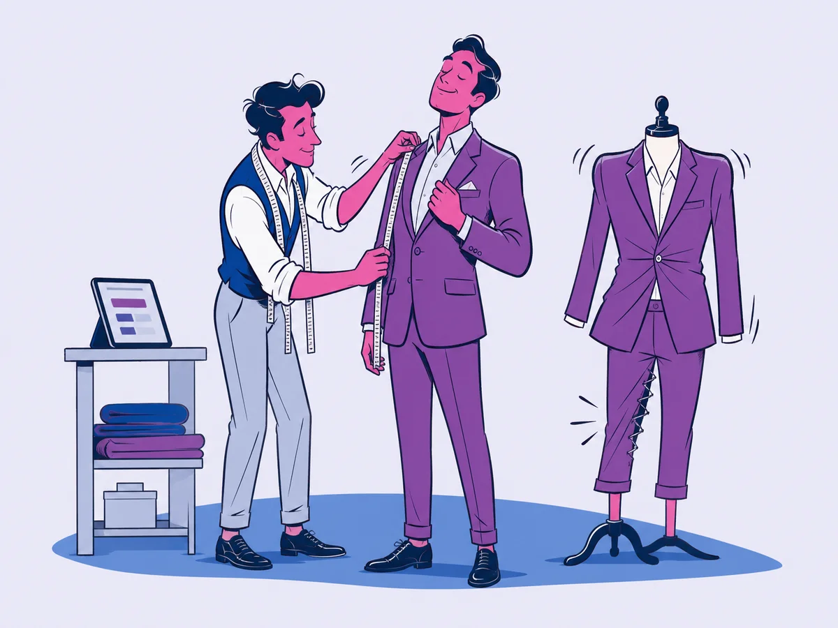 Illustrazione per "Sito vetrina o sito su misura: quale scegliere": in sartoria un sarto con il metro al collo prende le misure a un cliente compiaciuto.