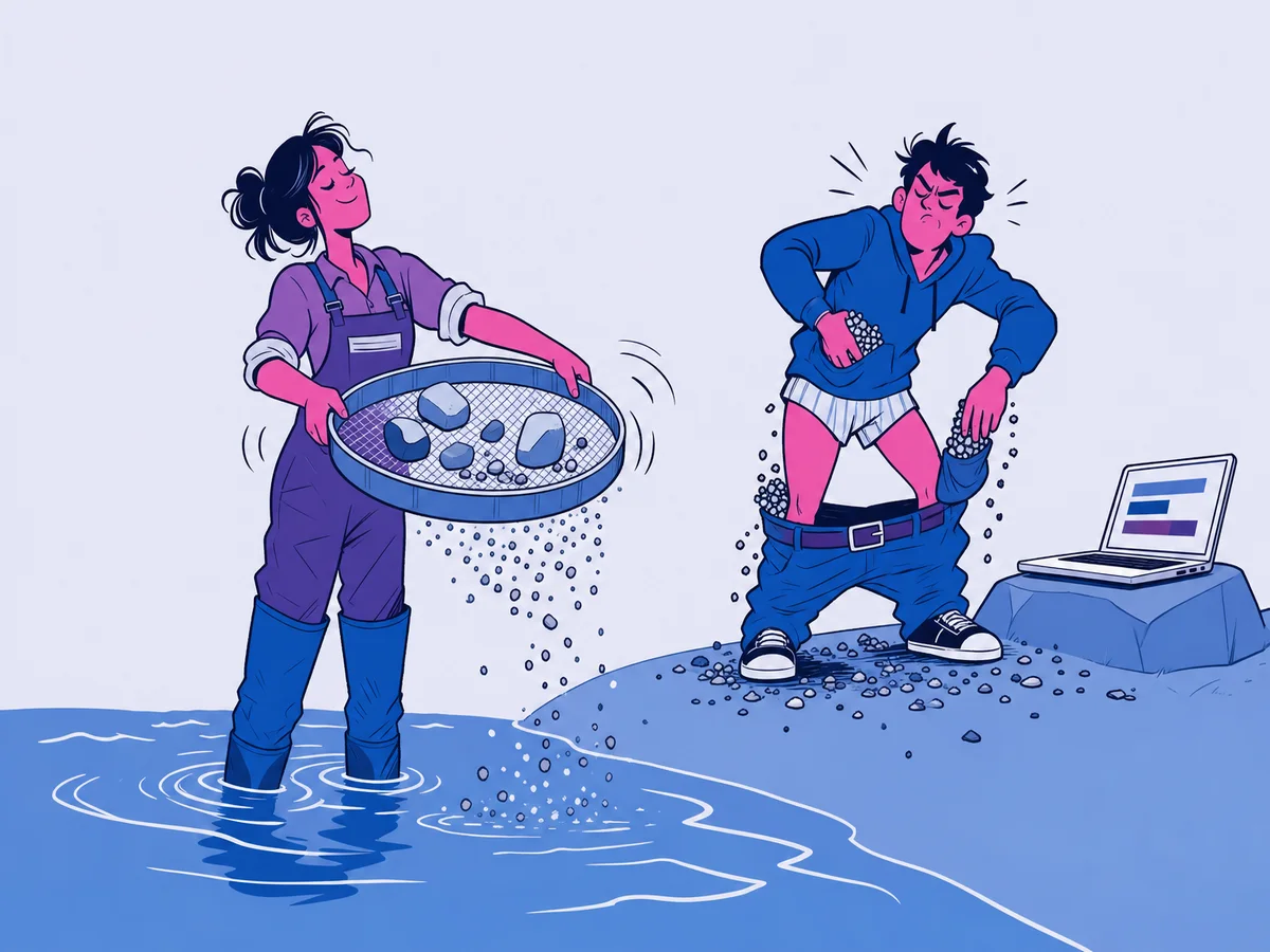 Illustrazione per "Stop words; Che cosa sono? Quali sono? Come comportarsi?": una cercatrice con gli stivali immersi nell'acqua scuote il setaccio: restano dentro poche pietre grosse mentre i sassolini minuscoli ricadono nel fiume.