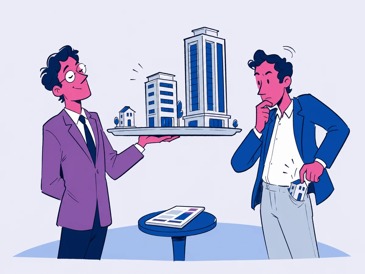 Illustrazione per "Tipologie siti web che possiamo realizzare": un architetto porge su un vassoio tre modellini di edifici di taglia molto diversa, dal più minuto al più imponente.