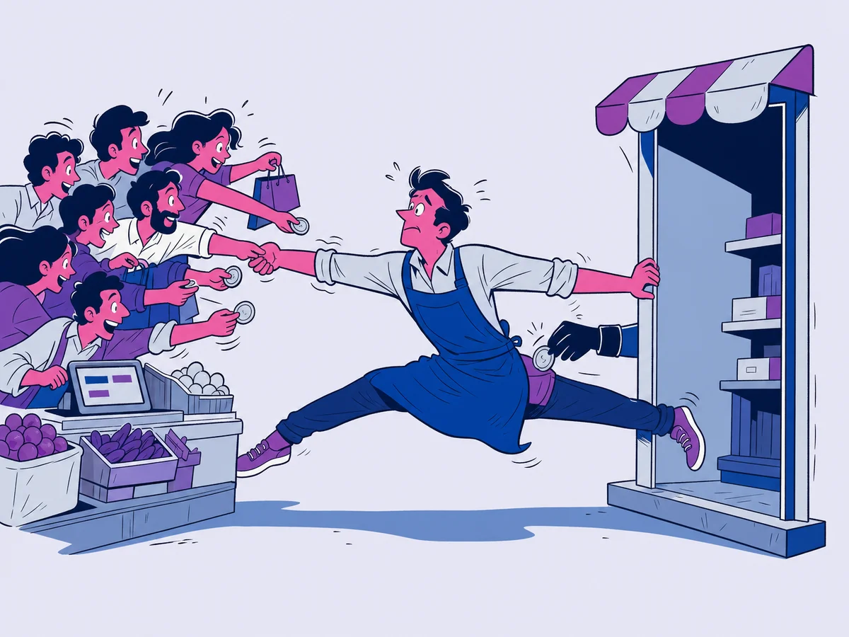 Illustrazione per "Vendere su Amazon o sul proprio sito: cosa conviene": un commerciante fa la spaccata a mezz'aria tra il bancone di un mercato brulicante e la soglia della propria bottega deserta, tirato da entrambe le parti.