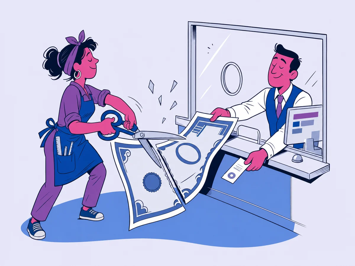 Illustrazione per "Voucher per la digitalizzazione delle Pmi": un'artigiana taglia in due con un paio di forbicioni una banconota grande quanto un tappeto, davanti allo sportello di un ufficio.