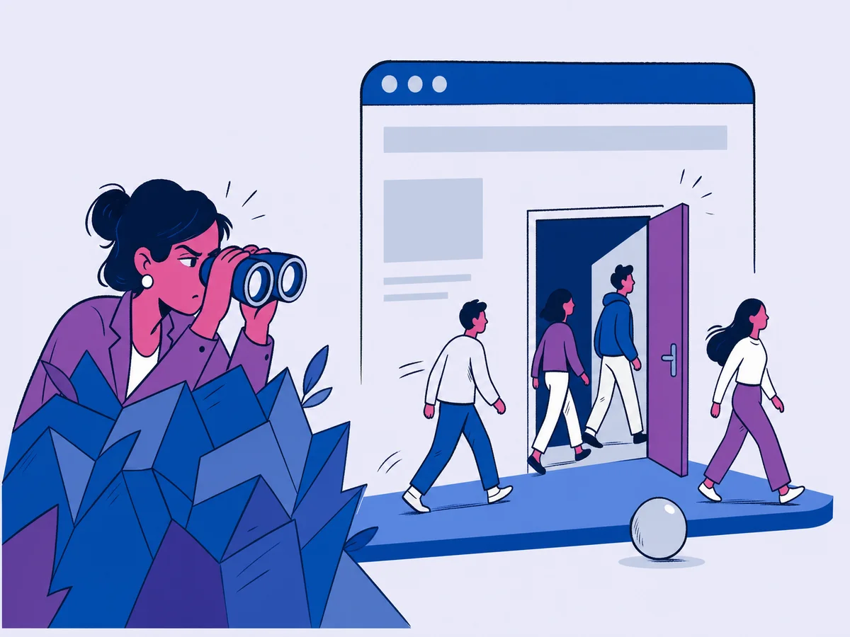Illustrazione per "Web Analytics: cos’è e perché è utile": una titolare appostata dietro un cespuglio geometrico osserva con il binocolo i piccoli visitatori che entrano ed escono dalla porta del suo sito.