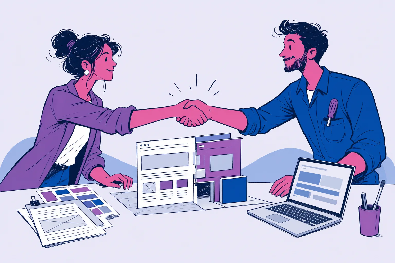 Illustrazione: una responsabile di agenzia creativa e un tecnico si stringono la mano sopra un tavolo con brief, laptop e un sito web in costruzione