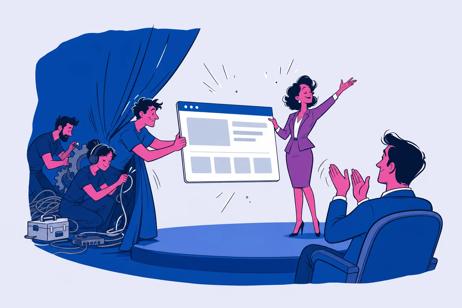 Illustrazione: dietro un sipario teatrale una squadra tecnica passa un sito web a una presentatrice che lo mostra sul palco a un cliente che applaude
